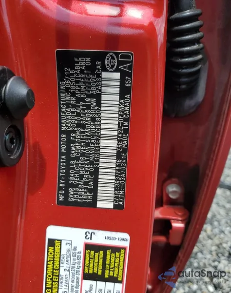 2012 Toyota Corolla Base из США, поврежденный, VIN 2T1BU4EE7CC888507